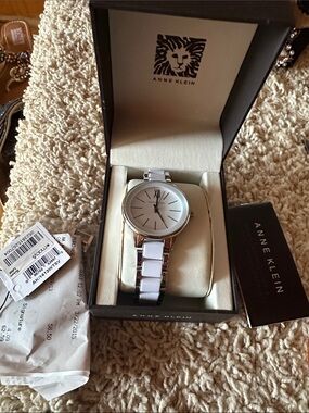 Anne Klein White and Silver Ceramic Link Women's Watch